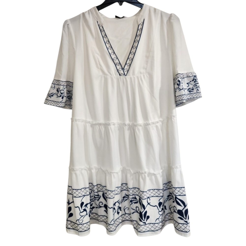 Cupshe Womens Sz XL Above Knee Dress White Navy V Neck Tiered Coastal Beach